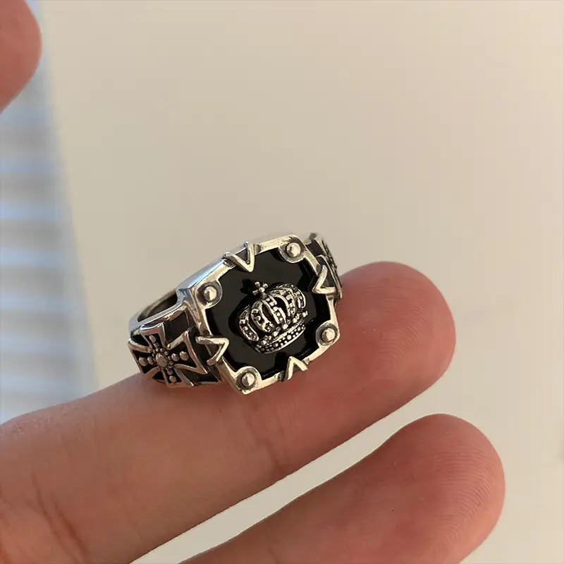 【zhamus】Retro Thai-silver Crown Open Ring Hip Hop Dark Ring Women Fashion Cross Index Finger Ring 3