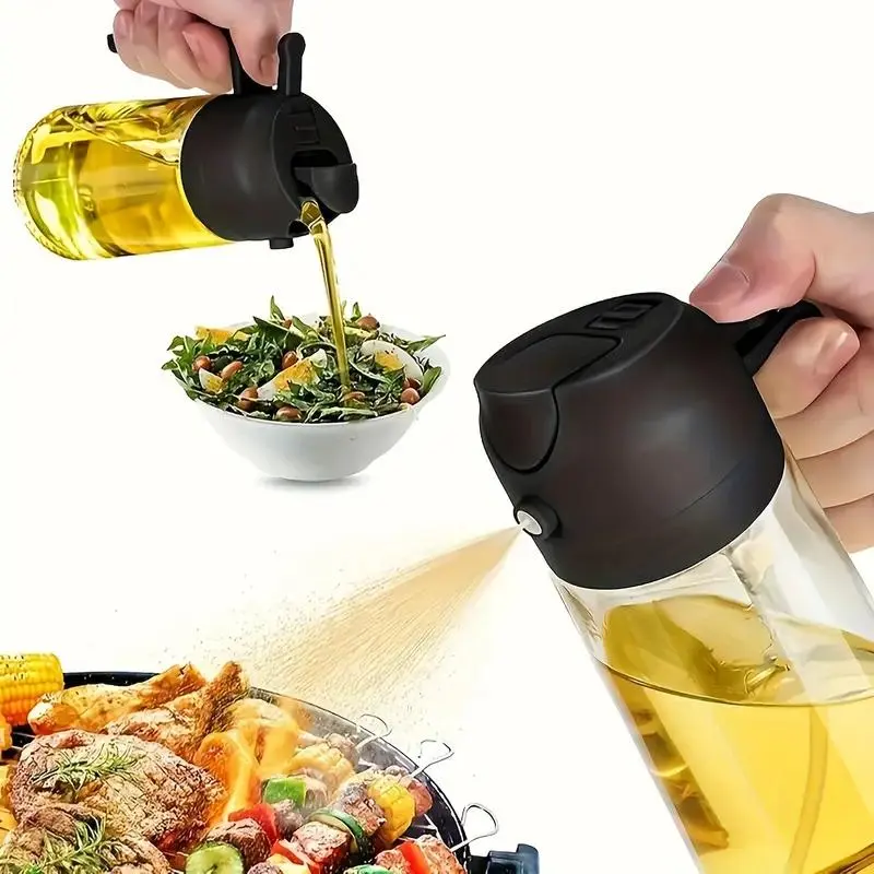 Glass Oil Bottle, 1 Count 16oz Dual Atomized Glass Oil Bottle, Non-stick Olive Oil Spray & Pour Function Oil Dispenser, Home Kitchen Gadgets, Utensils