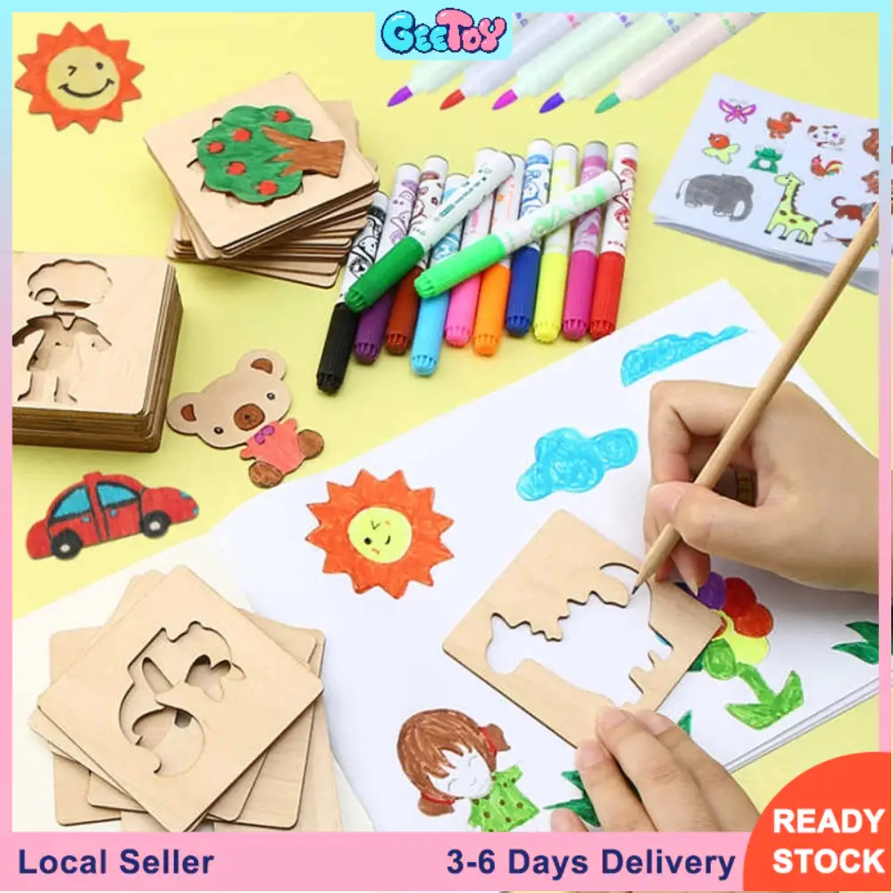 Geetoy 20 pcs Kayu DIY Templat Lukisan Stensil Menggambar Mainan Edukasi untuk Anak-anak Alat Belajar