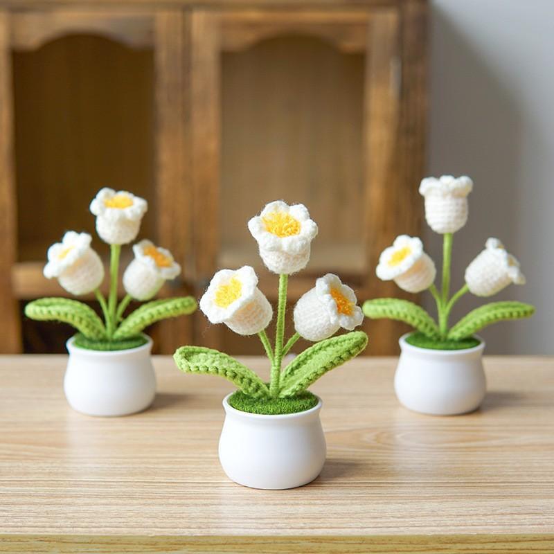 Product Introduction of Finished handmade woven lily of the valley potted home decoration, knitted simulated flower yarn, crochet bouquet, fake flower gift 9