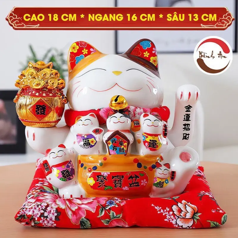( Giá Rẻ Nhất ) Mèo Thần Tài Vẫy Tay Gốm Sứ Cao Cấp Size 18 cm - Phong Thuỷ Bình An 1