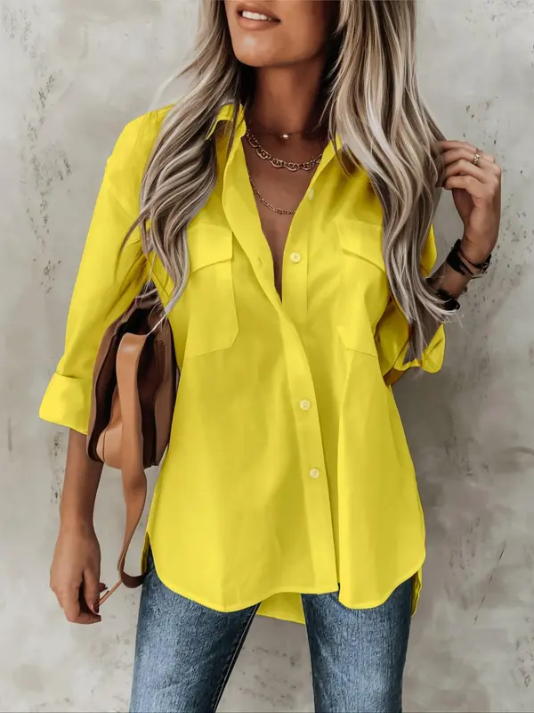 【Plus Size】 Solid Color Rolled Sleeve Button Up Shirt, Casual Curved Hem Top for Spring & Fall, Women's Clothes for Daily Wear 3