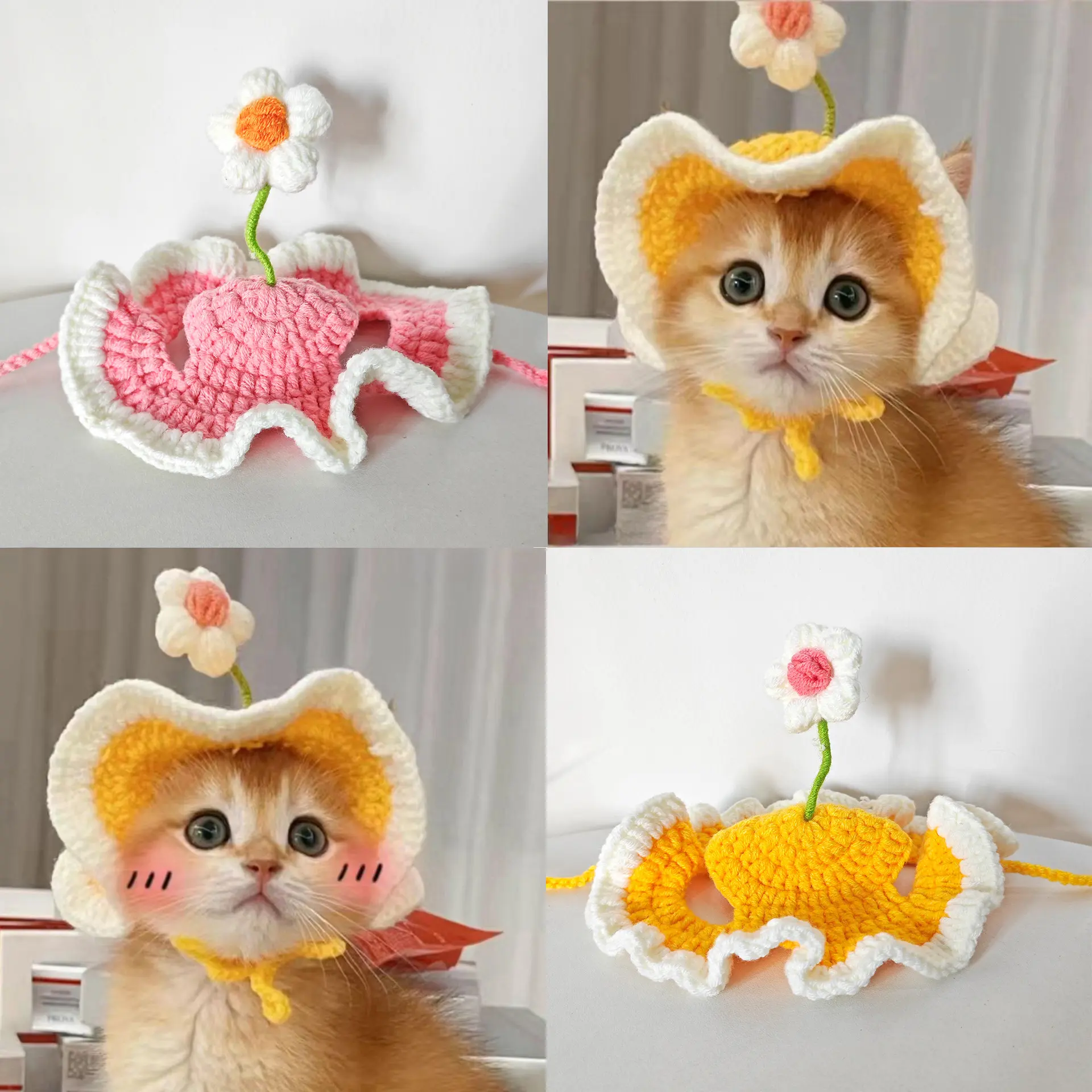 Pet Cat Hat, Knitted Yarn Floral Cute Headgear, Handmade Dog Headwear, Crochet Decorative Accessory, Cat Head Cover