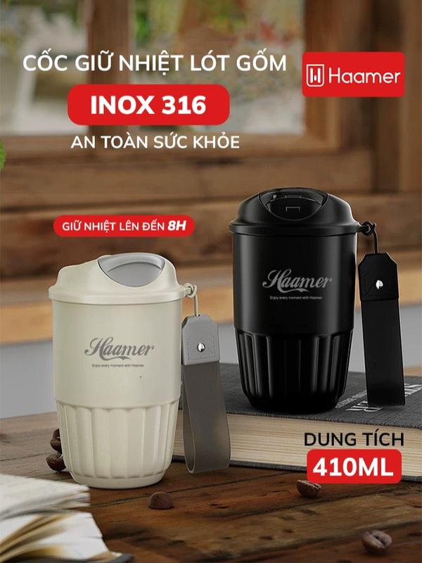 Cốc giữ nhiệt Hammer Inox 316 Lót gốm An toàn thực phẩm Ly giữ nhiệt trên 12h Dung tích 410ml Nhỏ gọn tiện lợi B013