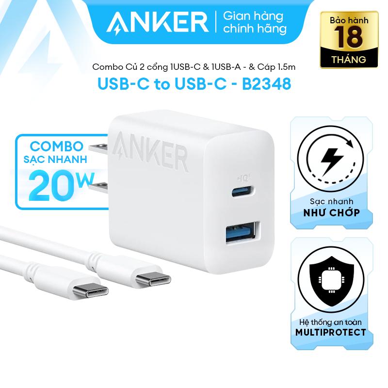 [Live] Củ sạc nhanh ANKER 20W - 2 cổng 1C1A [Tặng cáp Type-CtoC 1.5m thích hợp Iphone 15/16 series & Android] - Hỗ trợ sạc nhanh PD, PowerIQ | Sạc 2 thiết bị cùng lúc - B2348