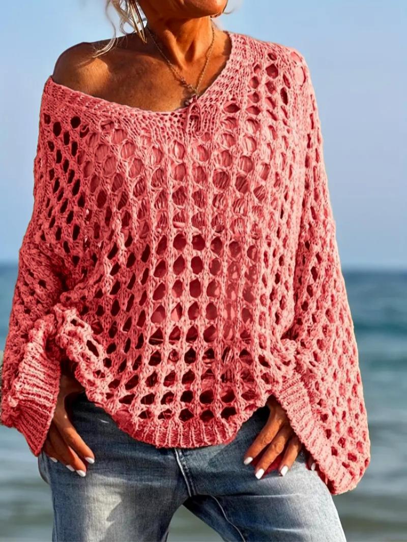 Product Introduction of Women's Plain Hollow Out Sweater, Casual   Long Sleeve Jumper for Summer, Fashion Women's Knitwear for Daily Wear 5