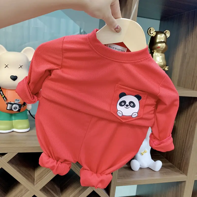 Bộ quần áo thu đông chất len tăm cho bé trai bé gái, thiết kế có túi ngực cổ tròn cho em bé từ 7-19 kg 4