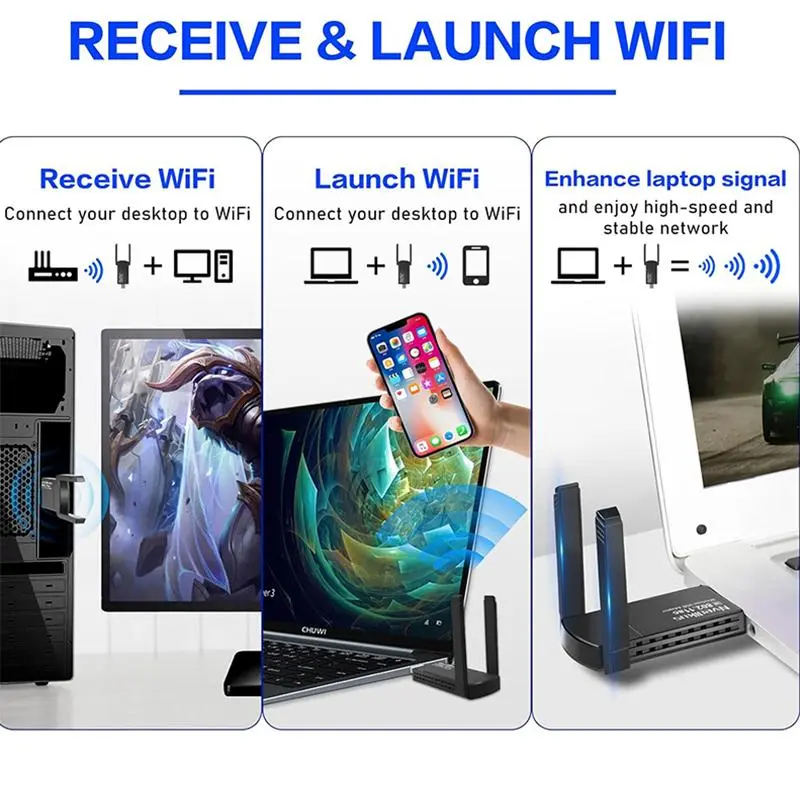 Wireless USB 1300Mbps Network Adapter, Desktop PC Wireless Adapter, PC WiFi Adapter with Built-in High-Gain Dual Band Antenna 3