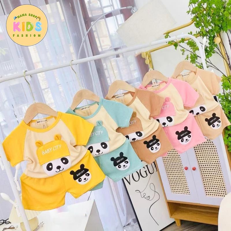 [5 bộ cộc tay] Bộ đồ cho bé trai bé gái chất thun tăm in hình gấu trúc mũ to cho bé từ 5-16kg - B21 0