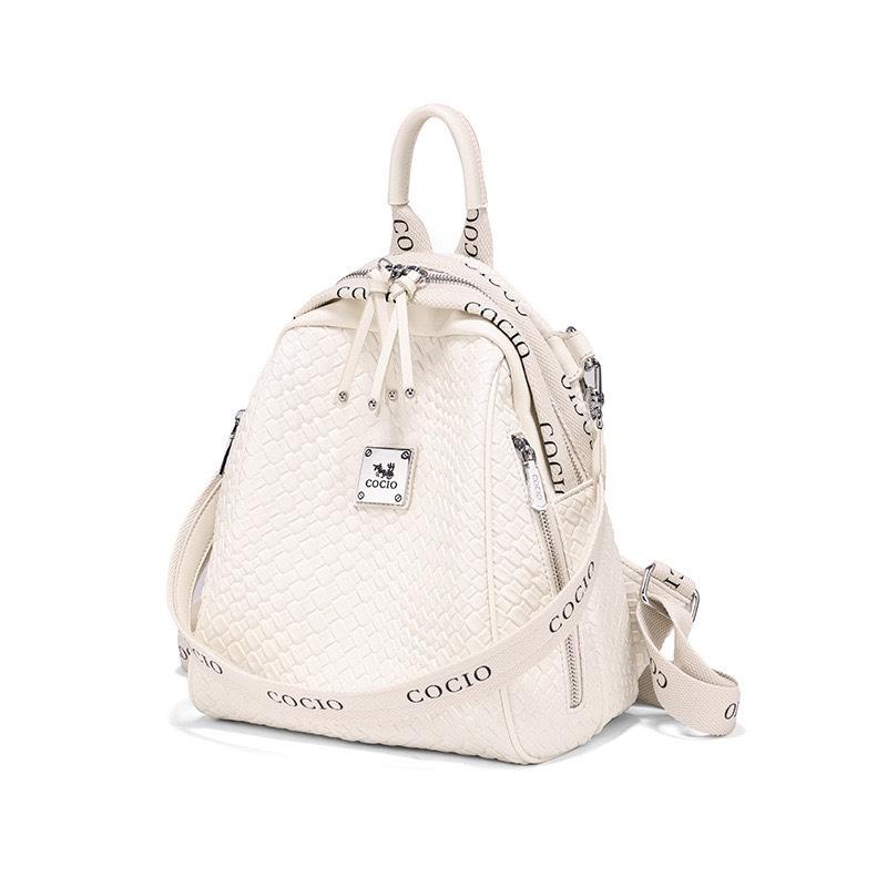COCIO CC032 - Balo da nữ 2024 COCIO Họa tiết da đan lát Nhiều ngăn Khóa kéo bảo mật Phong cách sang trọng. Backpack Nữ Da Chống Nước Chống Bám Bụi Đeo Vai Nhung
