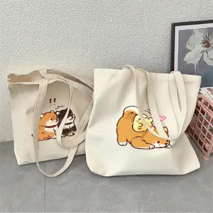 Tas Tote Kanvas Bernafas Pola Shiba Inu Tidur Kuat Tahan Lama Tahan Deformasi Ringan Oleh-Oleh Haji Umroh Ukuran 30cm x 40cm 25cm x 30cm