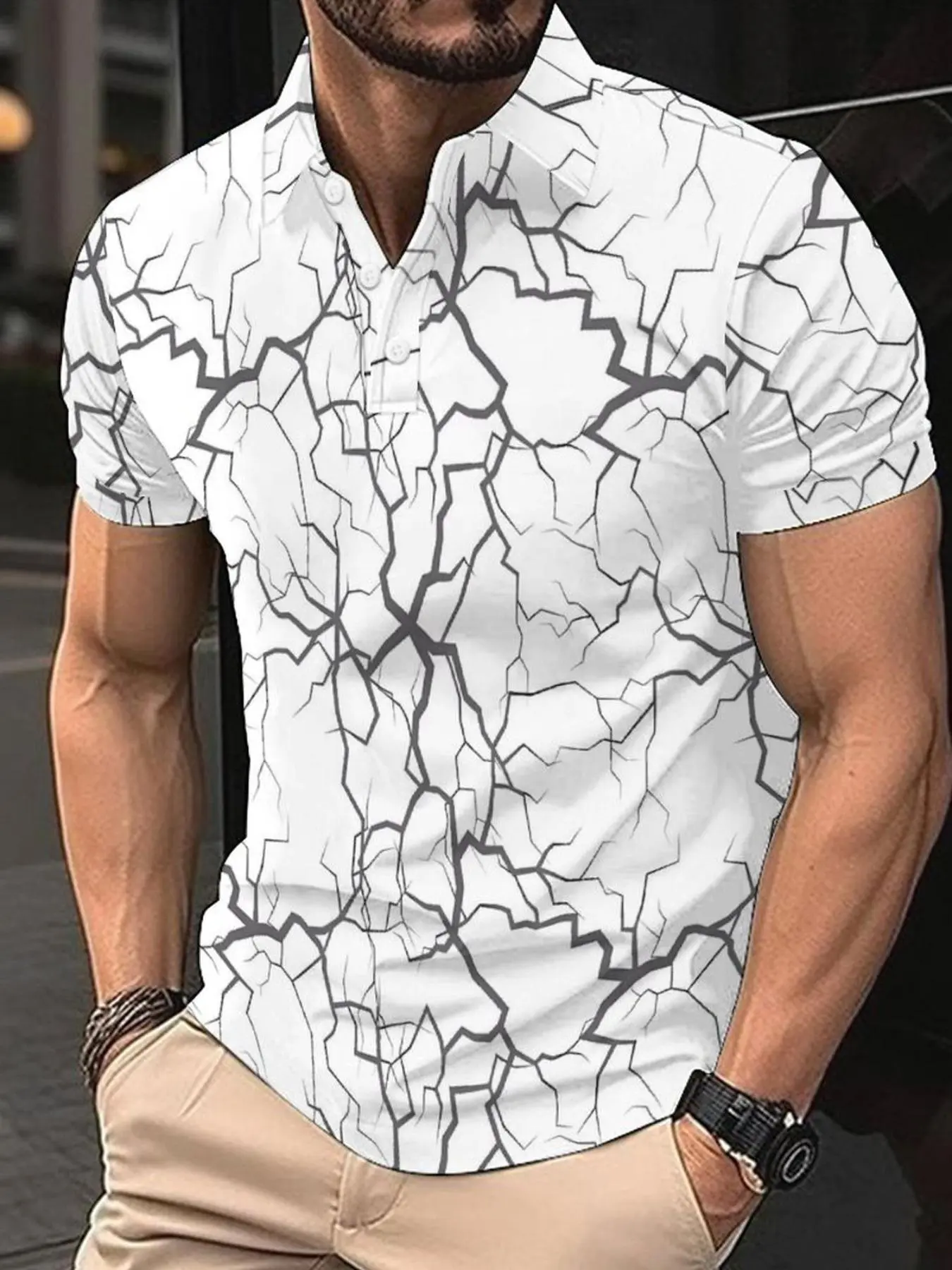 Men's Lightning Print Polo Shirt, Casual Short Sleeve Collared Top for Summer, Fashion Men's Clothes for Daily Wear