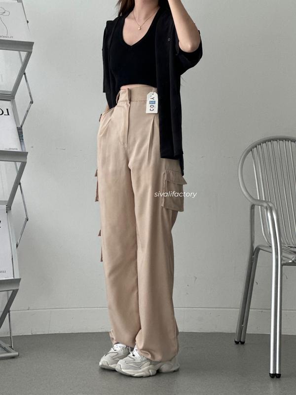 SIVALI Bonnie Cargo Pants - Highwaist Loose Cargo - Celana Kargo Wanita - Baggy Pants Panjang Polyester Kulot Casual Hitam Kantor Kantor Formal Kerja Kerja Kerja Basic Karet 2