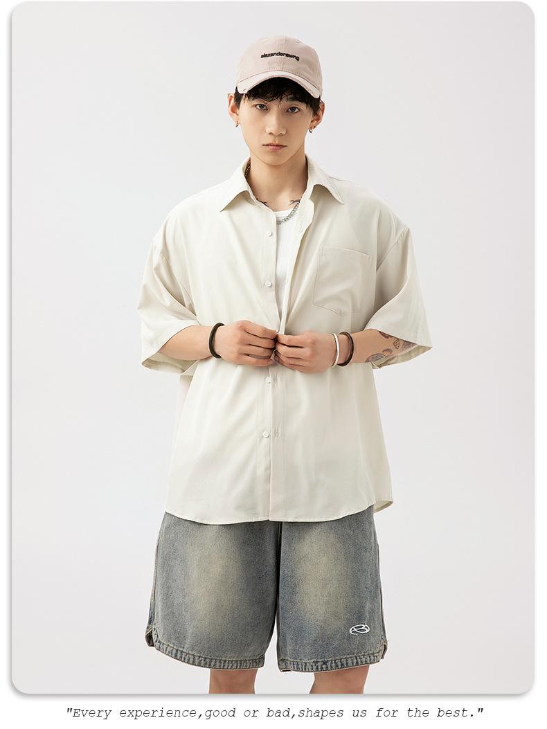 Product Introduction of Korean Men's Smooth Draping Short-Sleeved Shirt Men's Summer New Pure Color Couple Casual Loose Shirt Jacket Menswear Top Lingerie Human Oversize Plain Beige Baggy Vintage Tights Collar Collared Tropical 20