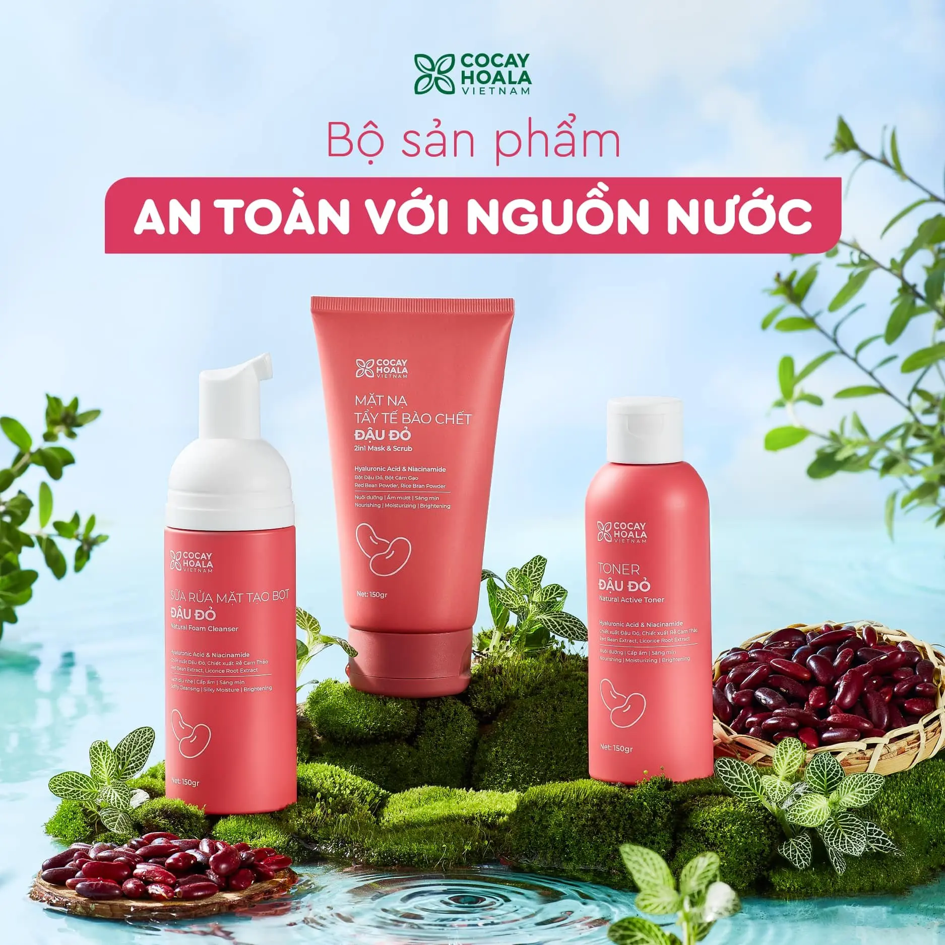 Bộ Skincare đậu đỏ - Sữa rửa mặt tạo bọt đậu đỏ - Mặt nạ tẩy da chết đậu đỏ - Toner đậu đỏ. Massage da