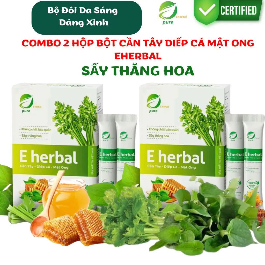 Combo 2 Hộp Bột Cần Tây Diếp Cá Mật Ong Eherbal Sấy Thăng Hoa đẹp da đẹp dáng - Hộp 15 gói tiện lợi