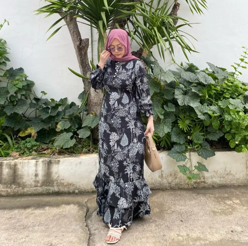TREXUS - ZFS OOTD WANITA DRESS SINDY / DIORA MAXI DRESS / Dress Maxy Motif Daun Lengan Panjang / Longdress Wanita Kekinian Motif Tropic Lengan Panjang Terlaris / Dress Maxy Muslimah Wanita Hijab
