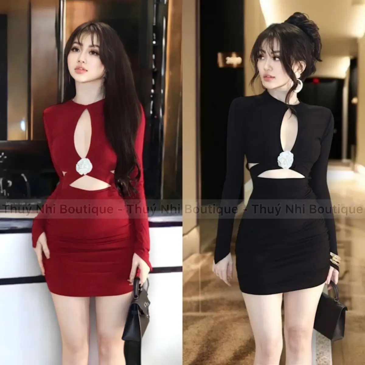 ĐẦM BODY NHÚN TAY DÀI KHOÉT NGỰC ĐÍNH HOA CÓ MÚT