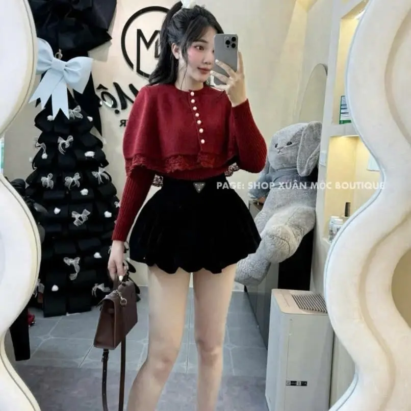 ￼Set áo len dài tay phong cách tiểu thư sang chảnh kèm quần nhung bí  ️️