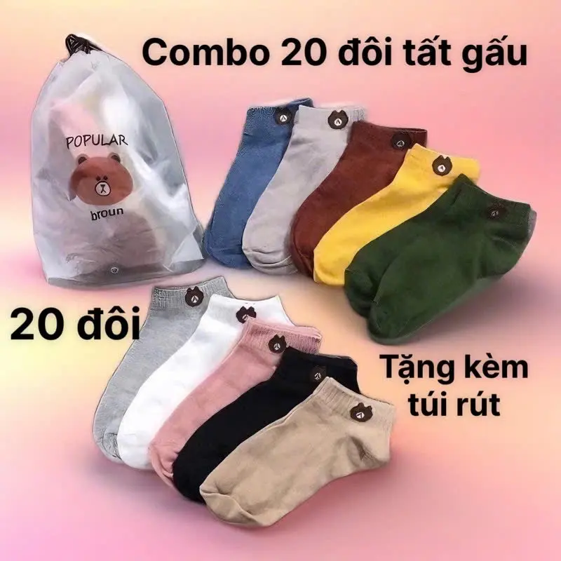 Combo 20 đôi tất gấu nữ cổ ngắn kute tặng kèm túi rút, chất liệu vừa phải, mềm mại, nhẹ nhàng ( trộn màu ngẫu nhiên ) Women Kem Cotton Nhung Thun
