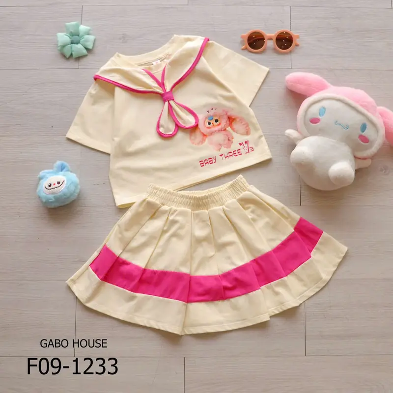 SALE KẾT THÚC MÃ - Set áo thun Vải Cotton baby three phối chân váy xếp ly siêu xinh cho bé gái F09 - GABO House 1