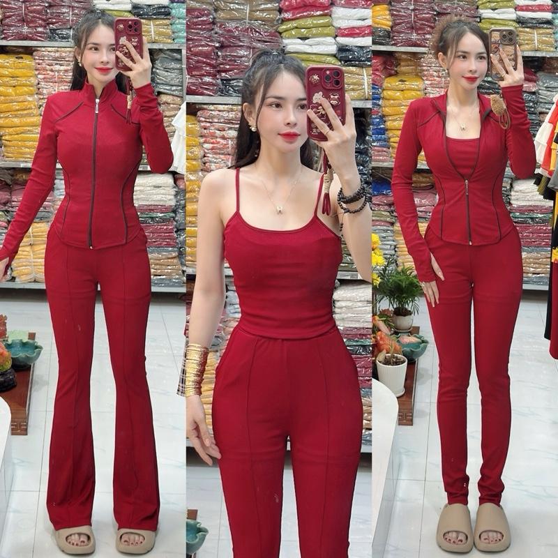 Mã C220 Sét Thun Gân Tăm Lạnh Dây Kéo Tay Dài Cổ Trụ Quần Loe + Quần ôm - Quần Dài 99-100cm kèm áo trong Huyền đồ bộ xinh Nữ Top