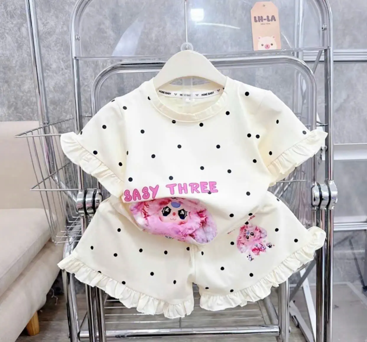 Bộ quần áo bé gái , áo in hình  babythee chấm bi và bộ quần áo cổ tròn , tay rua 10-45kg cho bé gái chất liệu thoáng mát