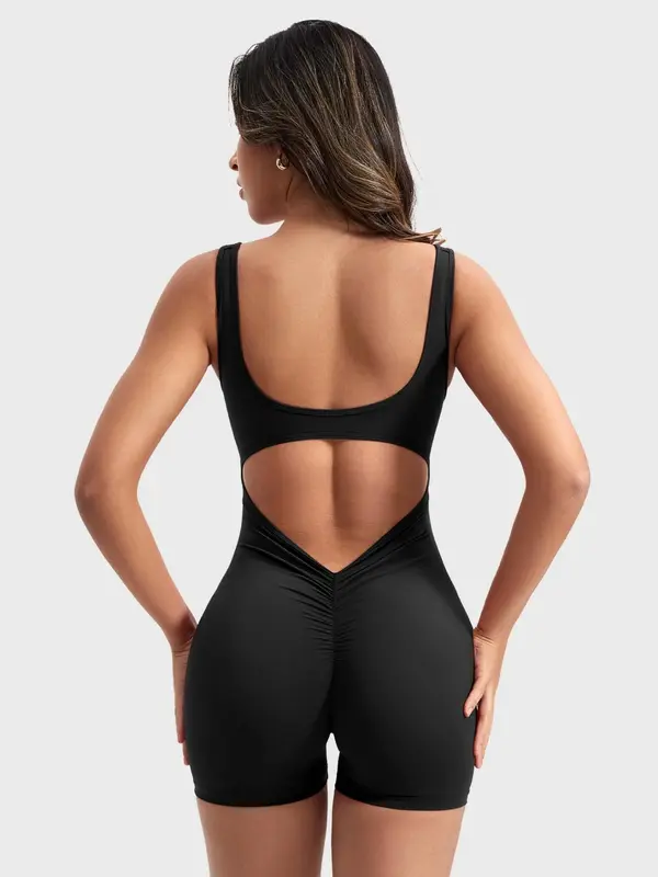 Women's Solid Cut Out Design Sports Tank Romper, Casual Sporty Backless Sleeveless Skinny Romper for Yoga Gym Workout, Ladies Sportswear for All Seasons 3