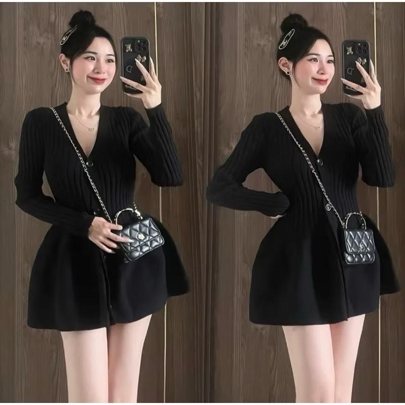 Váy Len Nữ Đầm Body Len Hàn Cổ V Dáng Ngắn Tay Dài Hàng QC Cao Cấp