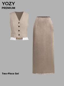 YOZY Women's Solid Button Front Blazer Vest & Split Hem Skirt Two-piece Set, Elegant Fashion Casual Two Piece Outfits for Work Office Business, Ladies Clothes for All Seasons