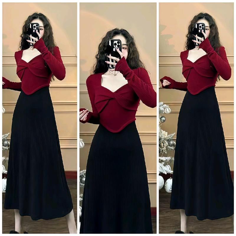 Set chân váy xòe dáng dài mix áo kiểu xoắn ngực hình nơ tay dài loe vạt bầu chất thun tăm thái OGL Nữ Women Top Tay Loe