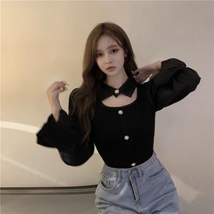 เสื้อเชิ้ตผ้าถัก เรียบหรู แขนพัฟ อ่อนโยน ฤดูใบไม้ผลิ ฤดูใบไม้ร่วง เสื้อฐานไขลวดสั้น เสื้อเซ็กซี่