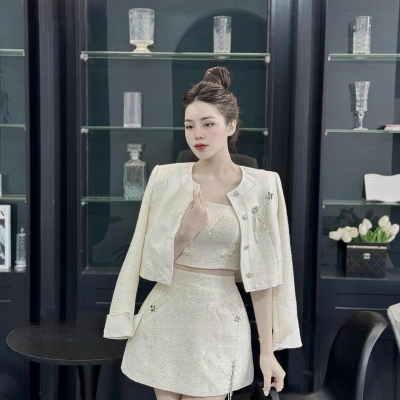 Miiu shop - Set 3ct( gồm áo khoác ngoài, áo 2d bên trong và chân váy dạ)vải dạ nhũ siêu sang (có video quay)