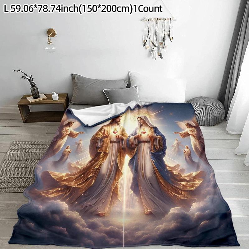 Product Introduction of Jesus & Mary Pattern Blanket, 1 Count Warm & Lightweight Throw Blanket, Soft Blanket for Bed, Sofa, Office, Camping & Travel 2