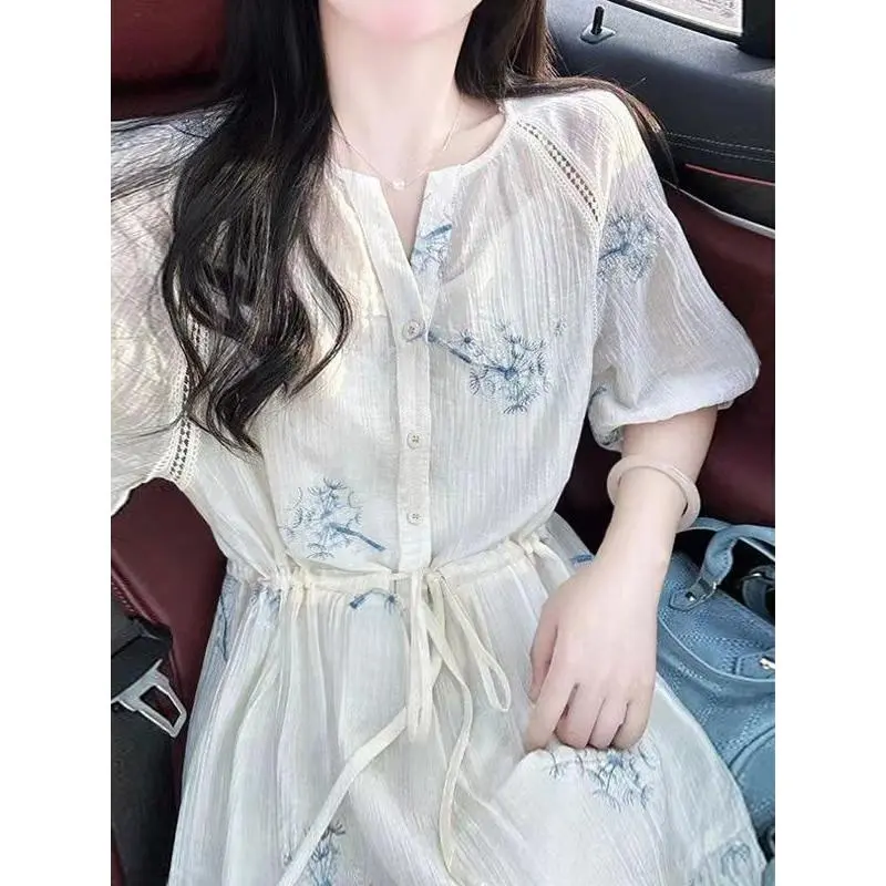 Váy Hoa Thêu, Nhẹ Nhàng, Dành Cho Phụ Nữ, Mùa Hè, Eo Thon, Ngắn Tay, Váy Trà, Thiết Kế Độc Đáo Sang Trọng, Váy Dài Women Dress Khuy