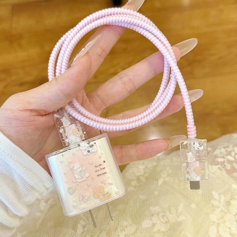 【COD】[Model Terbaru]Pink Ribbon Bow Data Cable Protective Case Charger Protective Case Set Cocok untuk IP