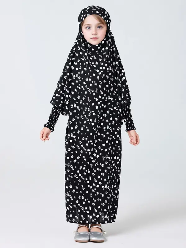 Girl's Ditsy Floral Print Hooded Abaya, Modest Long Sleeve Hooded Dress for Summer, Kids Clothes for Daily Wear 2
