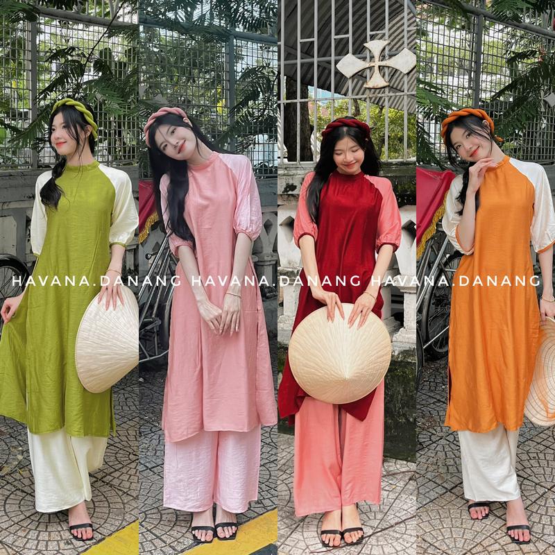 Set áo dài cách tân chất lụa đũi mặc tết 2024 HAVANA AD09