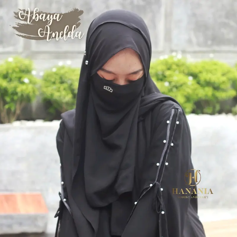 Abaya/gamis Anelda jetblack hitam Muslim Kombinasi Sifon Mutiara by hanania 1