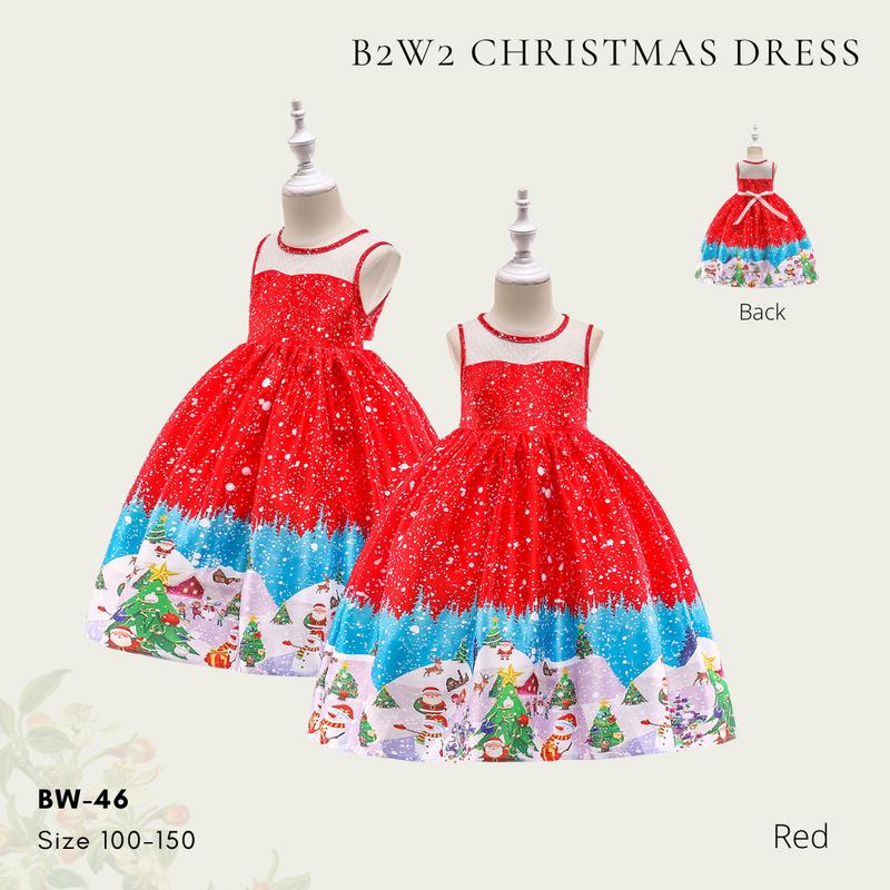 [BrandedBaby] Baju Dress Natal Anak Perempuan Satin Printing Lengan Kutung Kids Fashion 5