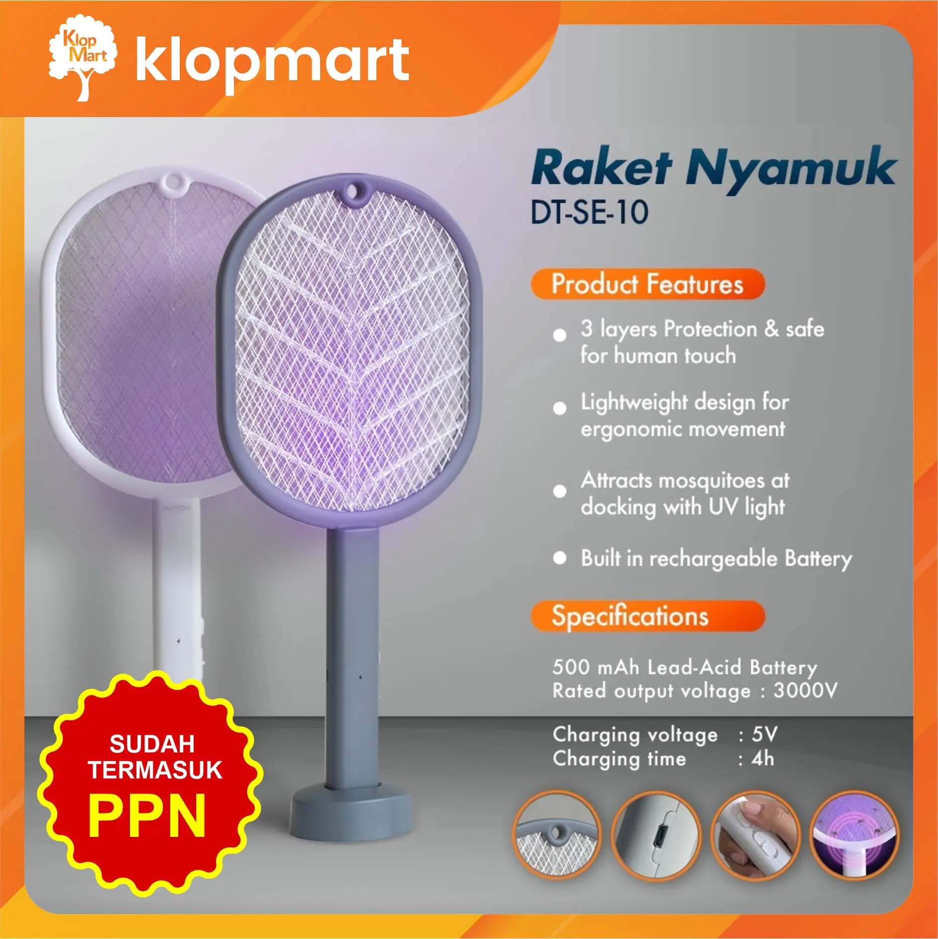 Raket Nyamuk Dutron Standing / Lipat - Raket USB UV Perangkap Nyamuk
