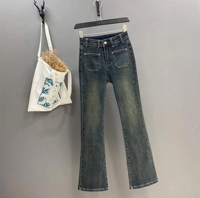  Quần jeans nữ ống loe quần bò nữ ống loe màu Xanh đen lưng cao phối 2 túi vuông mặt trước siêu HOT Women Pants Ong Denim 