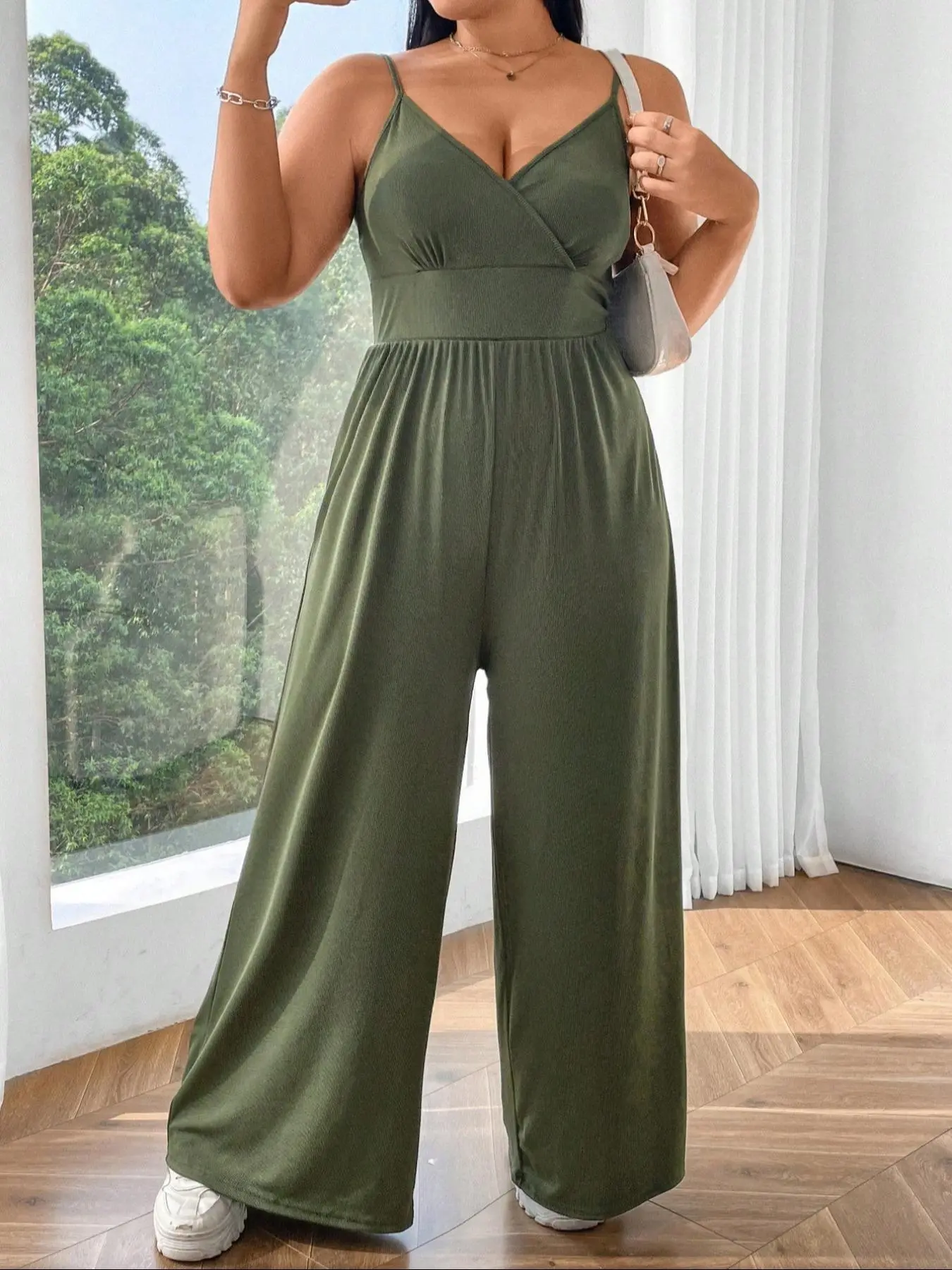 Plus Size Solid Wrap V Neck Backless Cami Jumpsuit, Casual Adjustable Strap Wide Leg Jumpsuit for Summer, Women's Clothing for Daily Wear