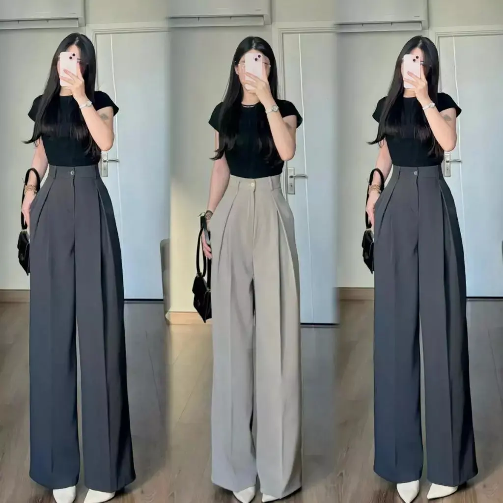 Quần Tây Ống suông Rộng 1 Khuy Xếp Ly Trước Dài 100cm Lưng Cao - Quần Ống Rộng Mùa Hè Nữ Đi Biển Học Công Sở Sang Chảnh Women