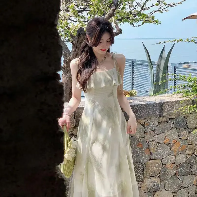 []2023 Summer New Suspender Long Dress Fairy Ruffled Printed Sleeveless Dress Casual Womenswear Lingerie Women Casual Wear Gowns Lady Comfort Basic Spaghetti Strap Minimalist Dresse