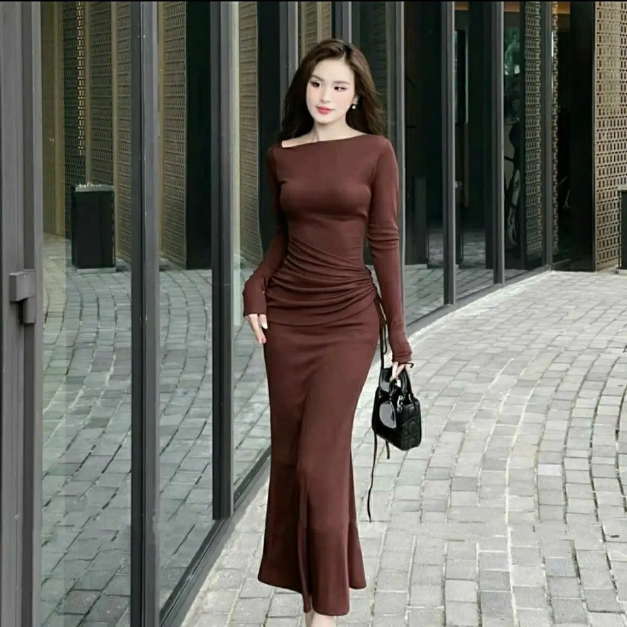 Đầm body đuôi cá dáng dài tay dài ôm eo nhún hông cột dây tôn dáng đẹp cho nàng đi chơi đi tiệc Nữ Dress Women
