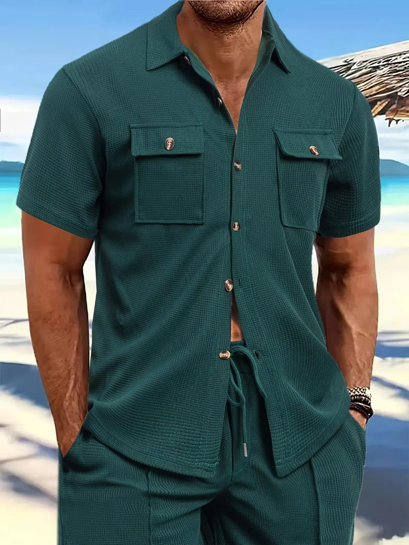 Men's Solid Waffle Knit Button Chest Pocket Shirt, Casual Breathable Short Sleeve Collared Top for Summer, Fashion Men's Clothes for Beach Vacation, Menswear