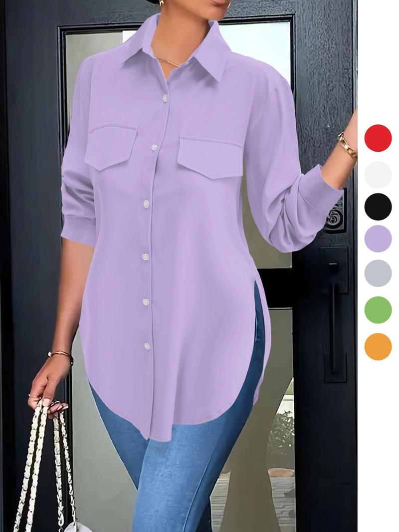 Product Introduction of Women's Plain Button Front Split Hem Shirt, Fall Clothing Women, Casual Long Sleeve Collared Top for Spring & Fall, Holiday Outfits, Women's Clothing for Daily Wear, Tops for Women, Go Out Tops 16