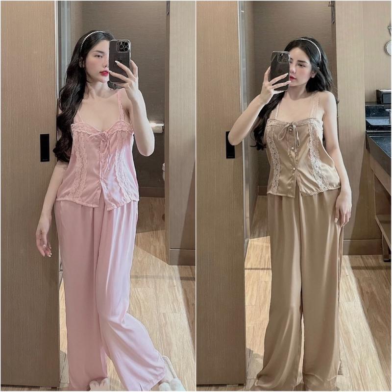 Sét đồ ngủ hai dây quần dài ống rộng phối ren nút ngọc (quần có túi) chất lụa latin mềm mịn mát (freesize 40-60kg) Áo Nữ Voi Women