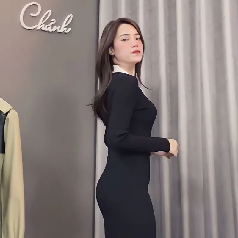 Váy Đen Trơn Cổ Trắng Sang Trọn Thanh Lịch 2